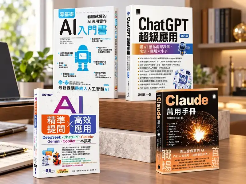 四本繁體中文 AI 學習書籍合照：零基礎AI入門書、ChatGPT超級應用、AI精準提問×高效應用、Claude萬用手冊